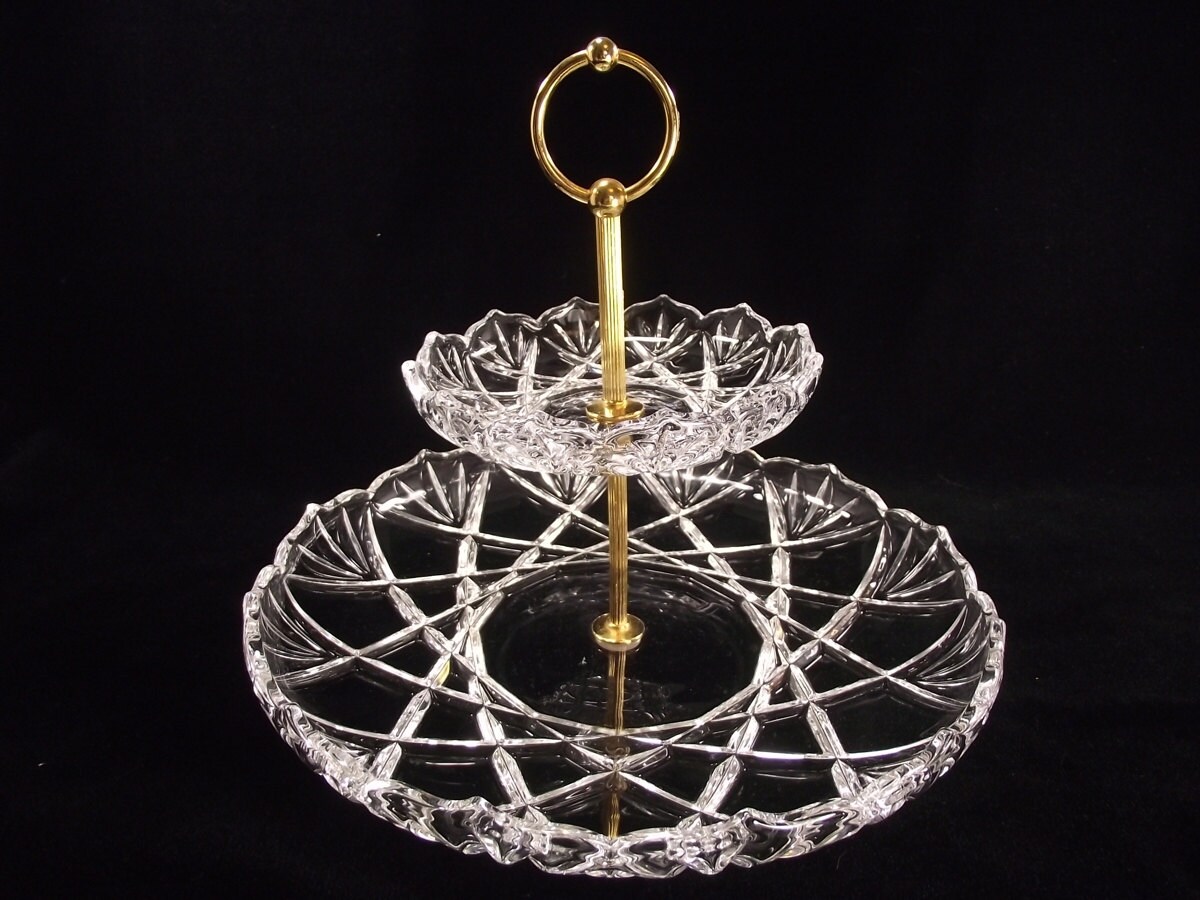 12″ Vintage Crystal 2 Tier Tidbit Tray or Dessert Stand, Appetizer