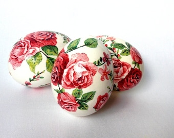 Set of 3 white Rose Hand Decorated Painted Easter Egg with Decoupage, Traditional Slavic Wax Pinhead Chicken Egg, Pysanka