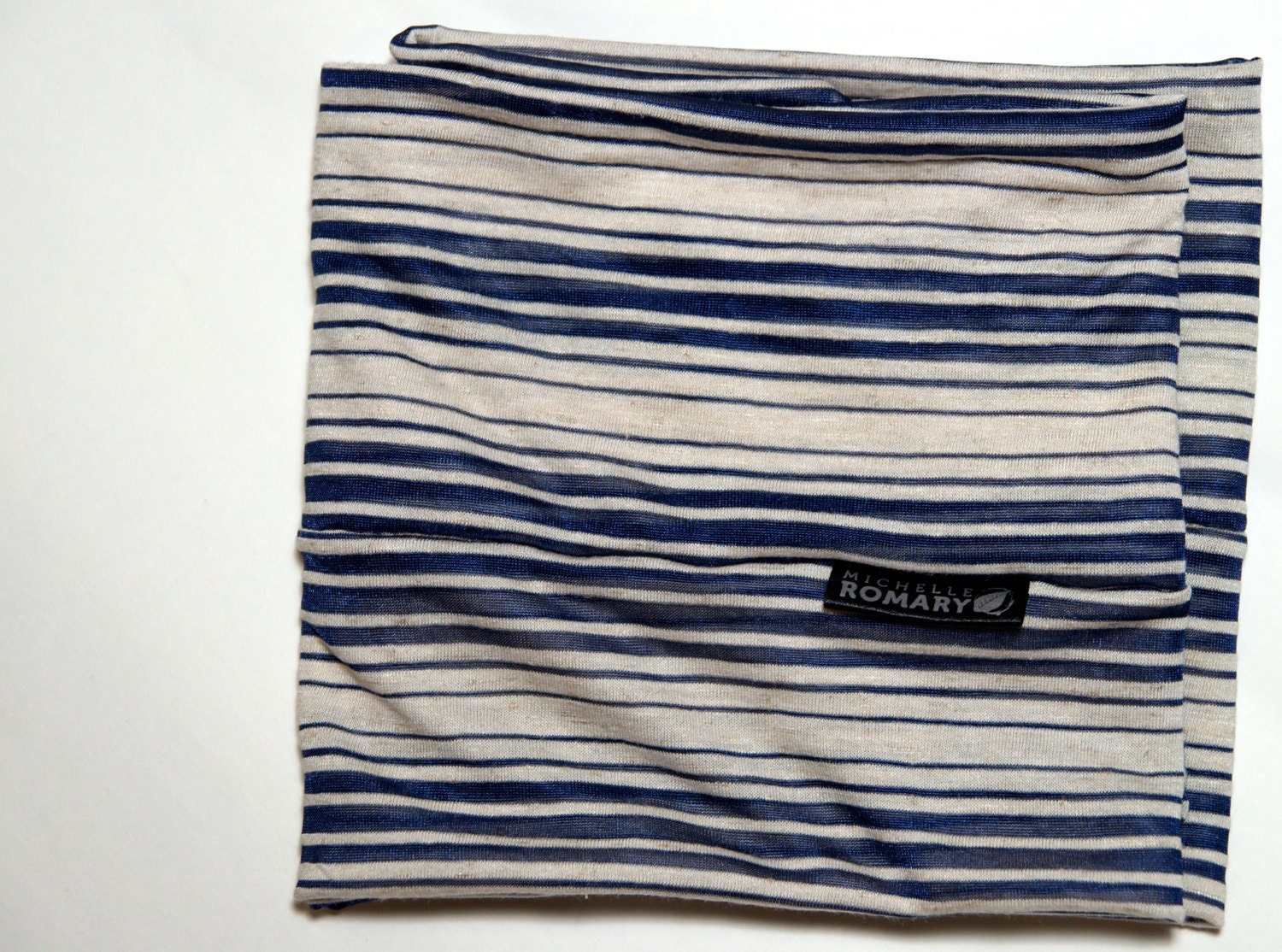 Navy Blue and Oatmeal Striped Knit Fashion Infinity Scarf