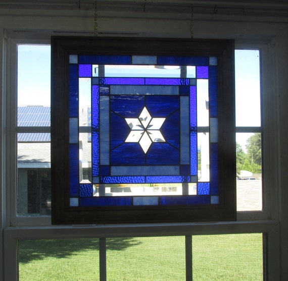 Stained Glass Window Panel Blue Star Bevel Framed