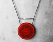 Red mandala necklace for her - one of a kind handmade tribal pendant with black lines & dots - unique holiday and Christmas gift for woman