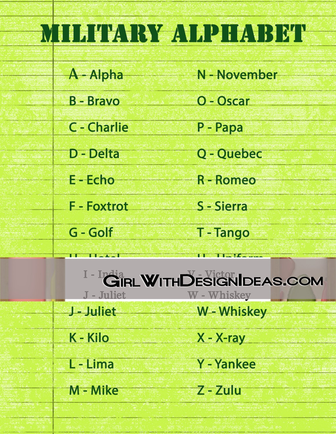 military alphabet printable green note book paper