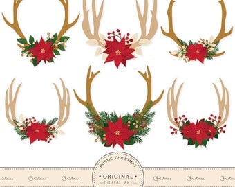 Premium Poinsettia Antlers Clipart - Christmas Clipart, Christmas Antlers Clipart, Poinsettia Clipart, Floral Antlers, Antler Vectors