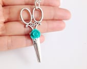 Silver Scissors Turquoise Rose Necklace, Cosmetologist Gift, Hair Stylist Jewelry, Scissors Necklace Seamstress Jewelry, Hairdresser Jewelry