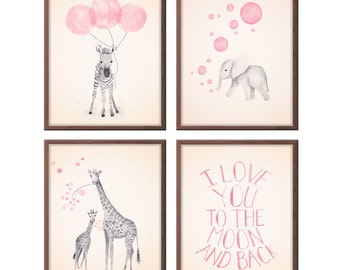 Baby Girl Nursery Decor Girls Nursery Art, Baby Girl, Gifts for Girl, Animal Nursery Art, Baby Nursery Decor, Set of Four, Prints - S412