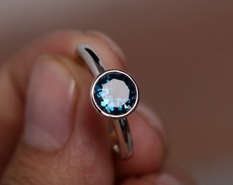 London Blue Topaz Ring Sterling Sivler Ring Bezel Ring Gemstone Birthstone Ring Promise Ring For Her