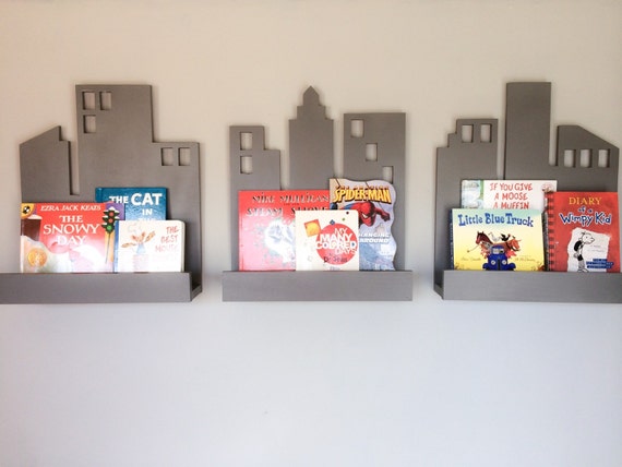 Cityscape Book Shelf Set of 3 Superhero Decor by LandingsByNikki