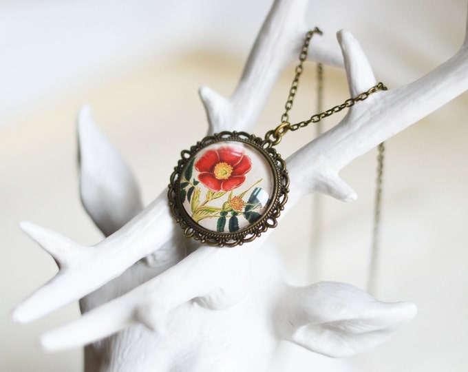 Floral Motifs // Round pendant metal brass with the image under the glass // Retro, Vintage, Rustic // Brown, Beige, Red //