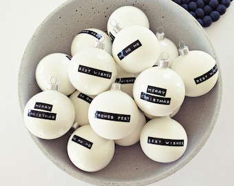 Ahoj-2012 baubles typography, tree ornaments, matt, glossy, black, white, DYMO, saying, typo, shrub jewelry, beads, baubles