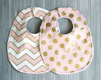 Baby Bib Set- Light Pink and Gold Bib Set - Set of 2 Metallic Gold Baby Bibs - Baby Girl Bibs - Girl Bib - Gold Bibs - Metallic Baby Bibs