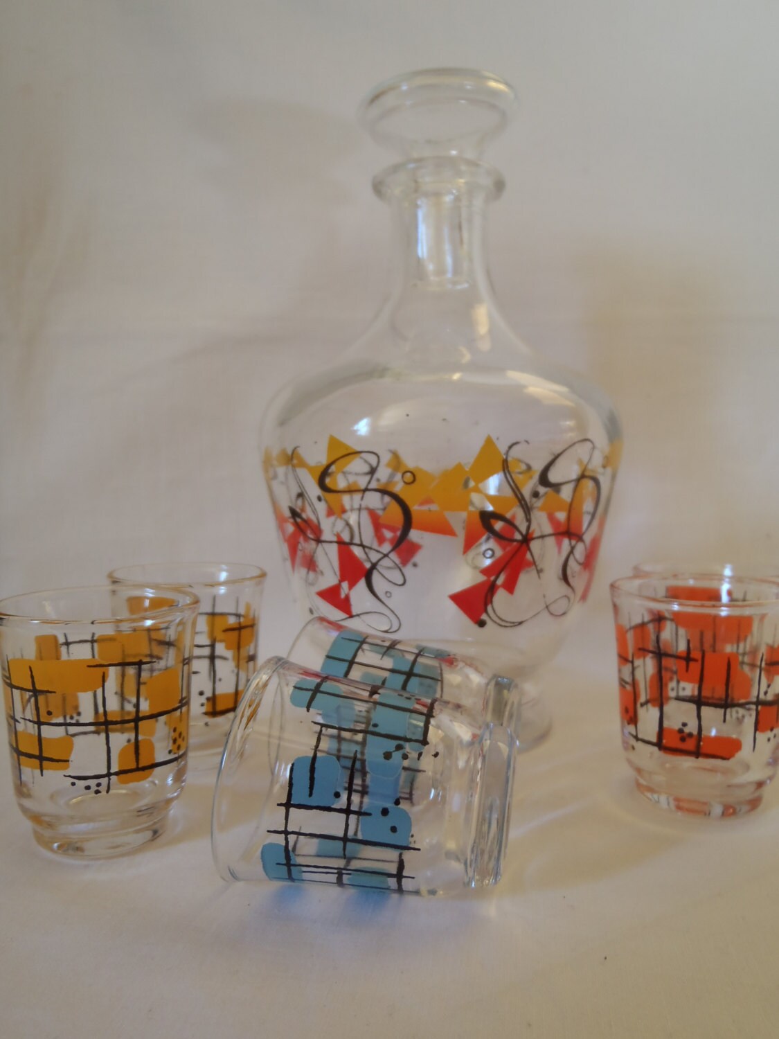 Glass Carafe and Shots Glasses Mid Century by Dupasseaupresent