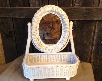 92 - Wicker - Mirror- Vanity -Dresser Caddy - Chic - Wedding - White