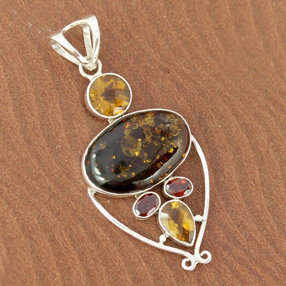 Rare Fossil Amber Pendant Garnet Citrine by jewelrycraftsupplier