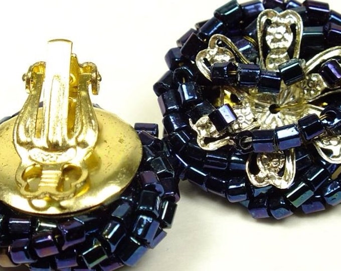 Storewide 25% Off SALE Beautiful Vintage Rosette Beaded Circular Clip Style Earrings Featuring Richly Appointed Blue Beads On Top Unique Sil