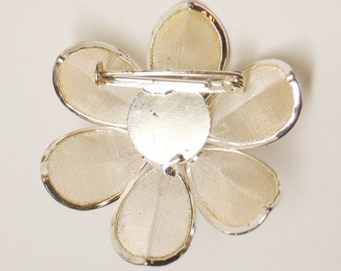 Storewide 25% Off SALE Vintage Multi-Dimensional Silver Tone Metal Flower Brooch Featuring Heavy Fine Screen Petals with Platinum Style Sett