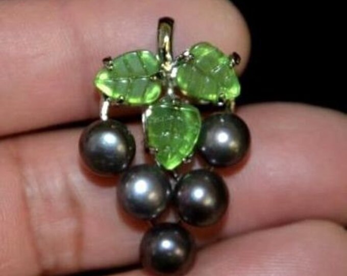 Storewide 25% Off SALE Vintage Genuine Black Tahitian Pearl Designer Grape Bunch Pendant Brooch Featuring Beautiful Green Leaf Accent Design