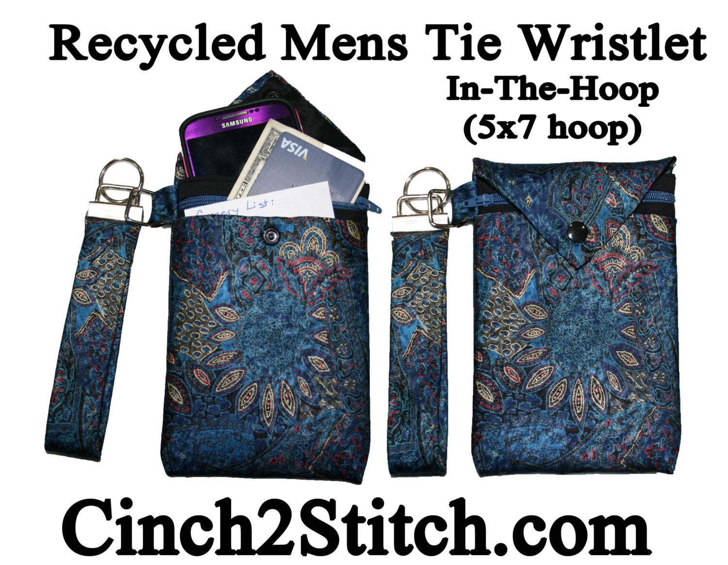 Recycled Mens Tie Cell Phone Wallet / Wristlet In The Hoop