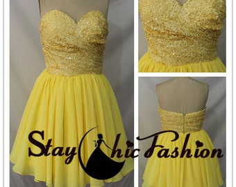 Pleated Sequined Top Strapless Yellow Short Chiffon Prom Dress On Sale