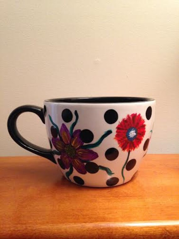 Large hand painted polka dot coffee mug
