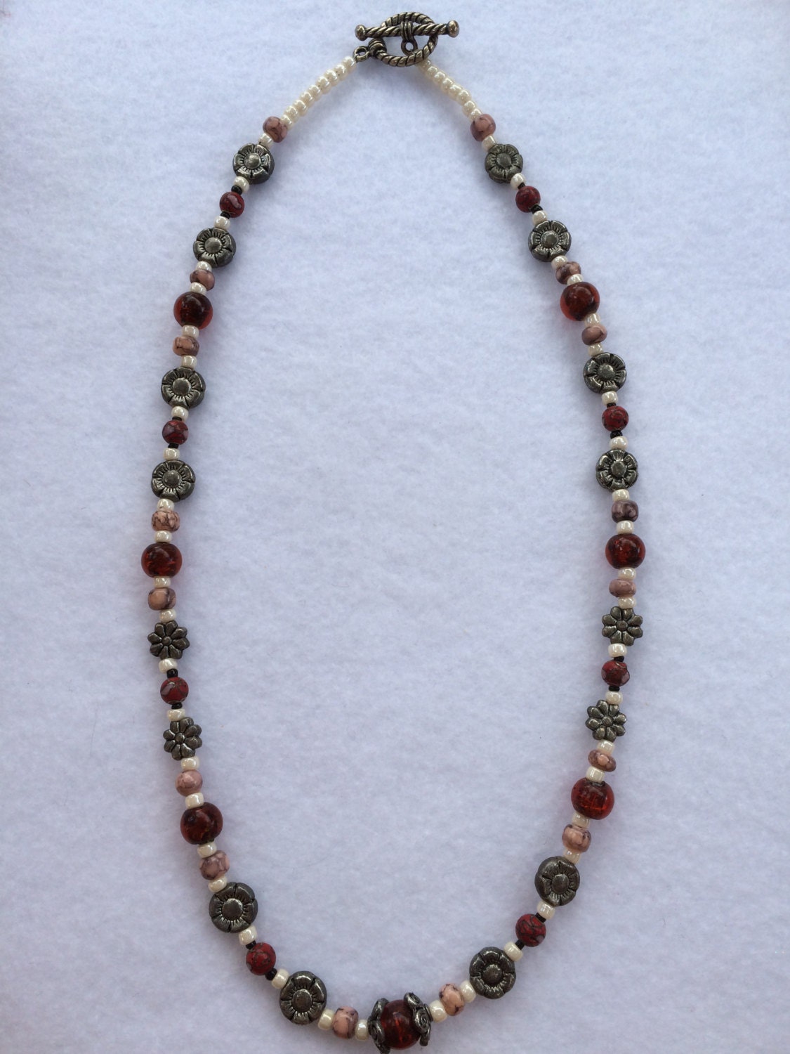 Red and Pink Beaded Necklace with Silver Accents