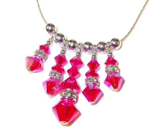 Hot Pink Crystal Necklace Fringe Sterling Silver Swarovski 5963