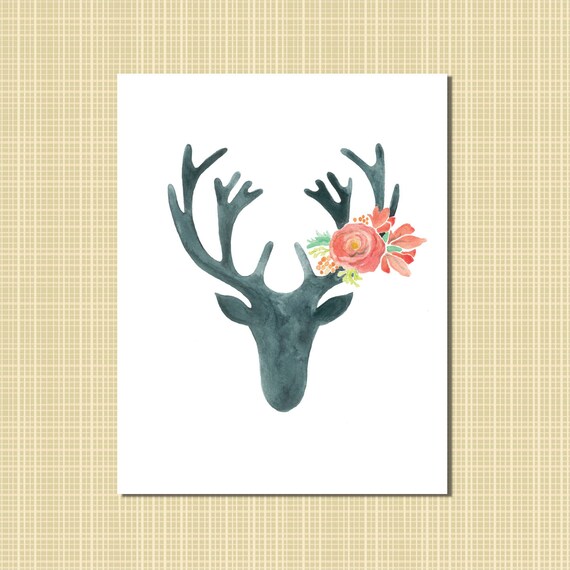 Items similar to stag silhouette with flowers watercolor print on Etsy