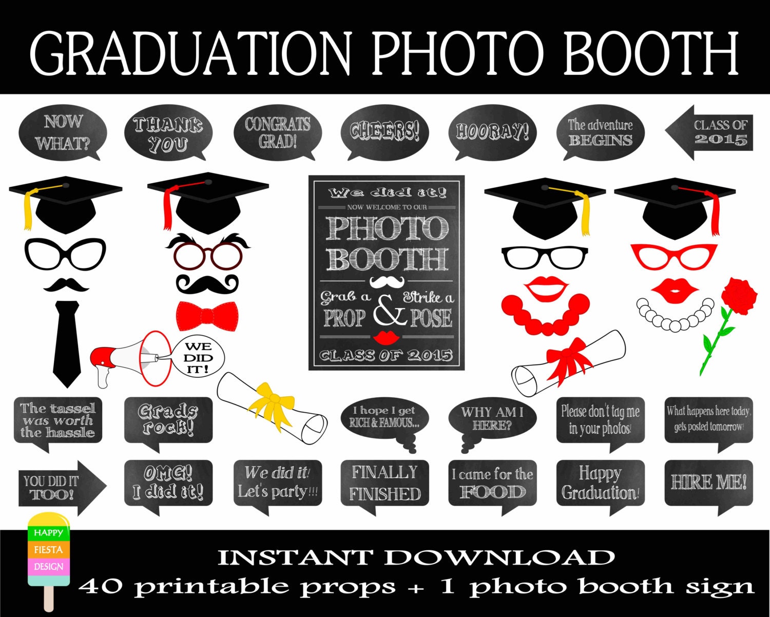 Graduation Photo Booth Props Set of 41 by HappyFiestaDesign