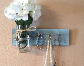 Choose your color Key holder with mason jar vase, jewelry holder with decorative wall vase, necklace holder, entry way shelf