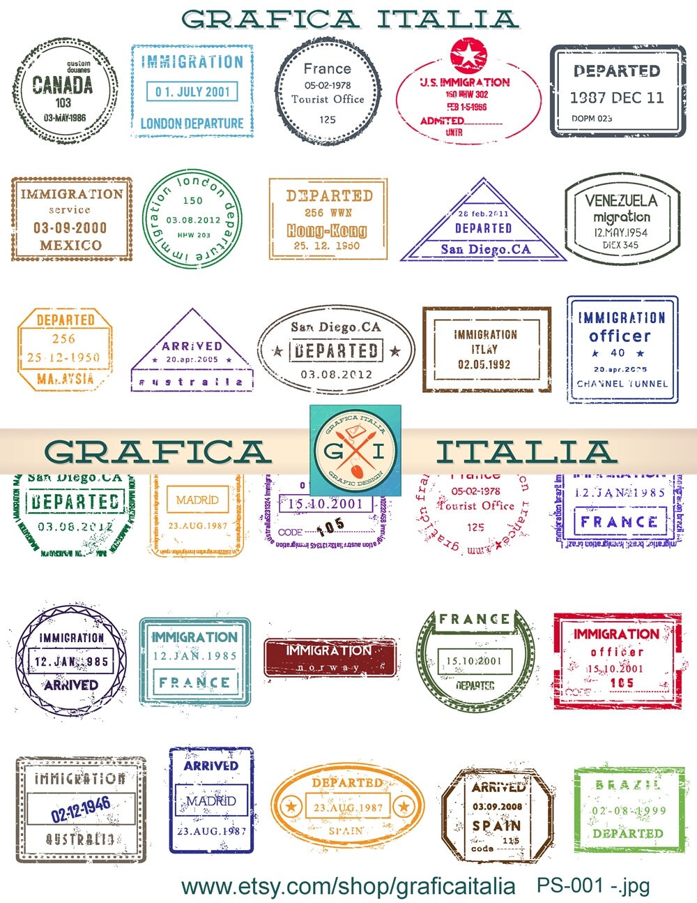 30 International PASSPORT STAMPS Digital Printable Collage