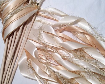 100 Wedding ribbon wands ivory and toffee with metallic gold frayed ribbon and bell send off ribbon