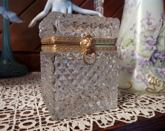 French - Diamond Crystal Cut - 4.5" Trinket Casket Box with Bronze Lion Head and Embossed Hinged Brass Trim.. France