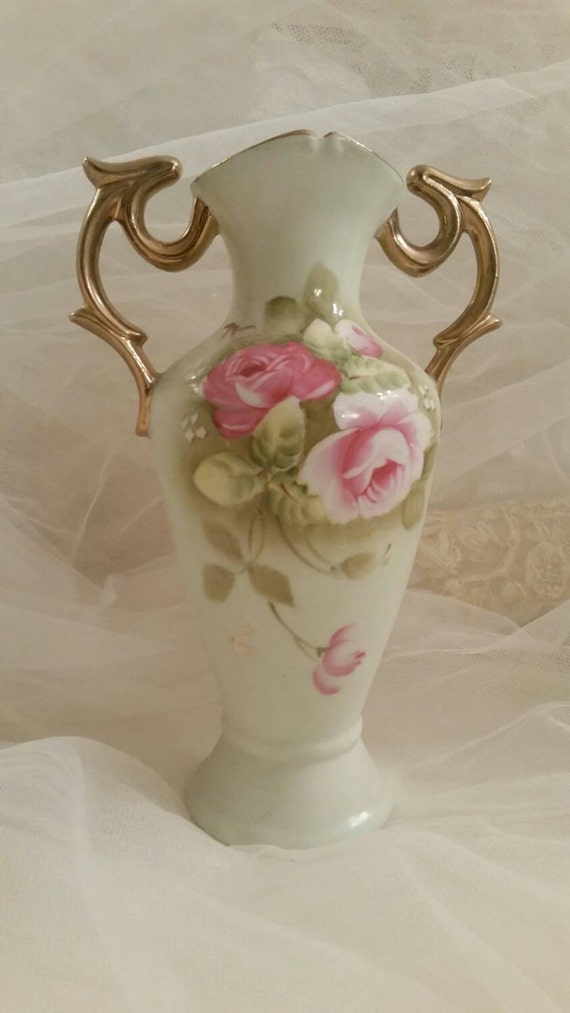 Vintage Lefton China Vase ....Pink Roses Over Mint Background