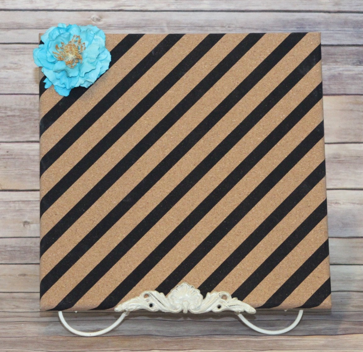 Cork Board painted black stripes with flower by DistressDecor