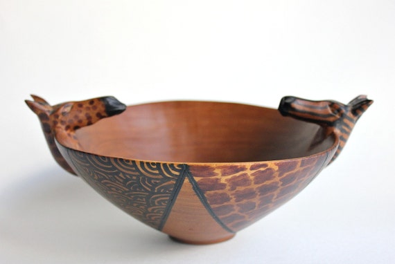 Hand Carved African Wood Zebra Giraffe Bowl Vintage Exotic