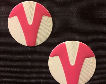 1980s Enameled Metal Earrings, Pink and White