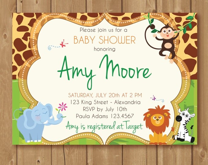 Jungle Babyshower Invitation. Babyshower invite with jungle animals. Unisex baby shower. Printable babyshower invite. Safari babyshower.