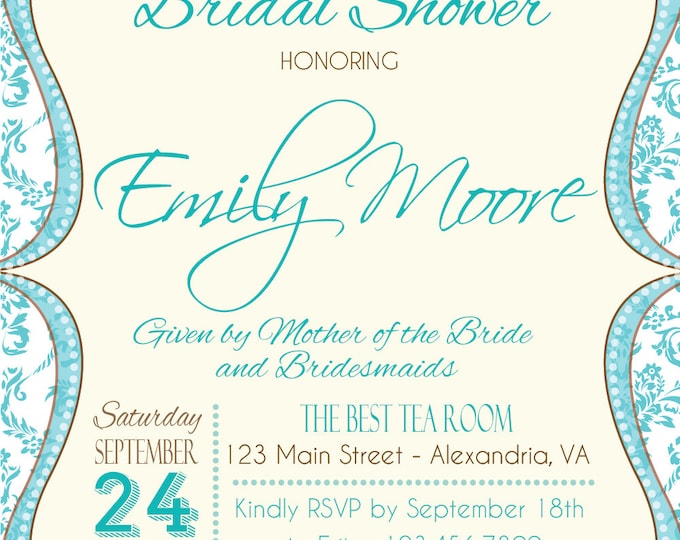 Bridal Shower Invitation. Turquoise style bridal shower. Printable Bridal Shower invitation. Teal Bridal Shower invite.