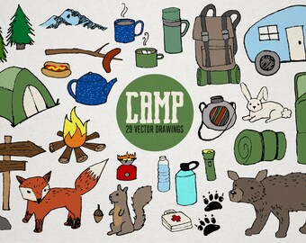 Camping Clipart II - Fox clipart, wilderness drawings, hand drawn clip art, doodles clip art, rustic art, bear clipart, backpacking clipart