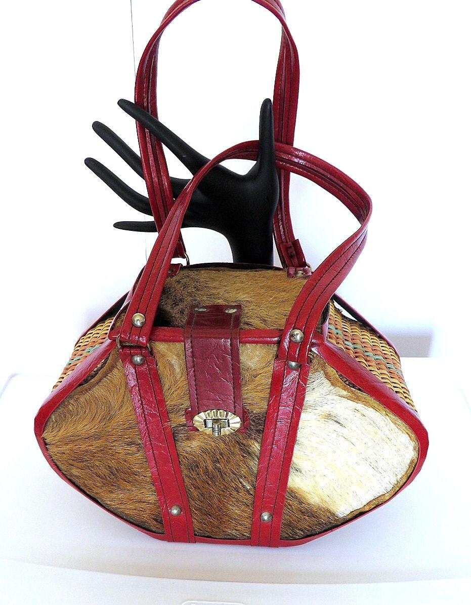 Rare Vintage 40s Pony Hair Purse/ Multi color Woven Straw and Pony Hair