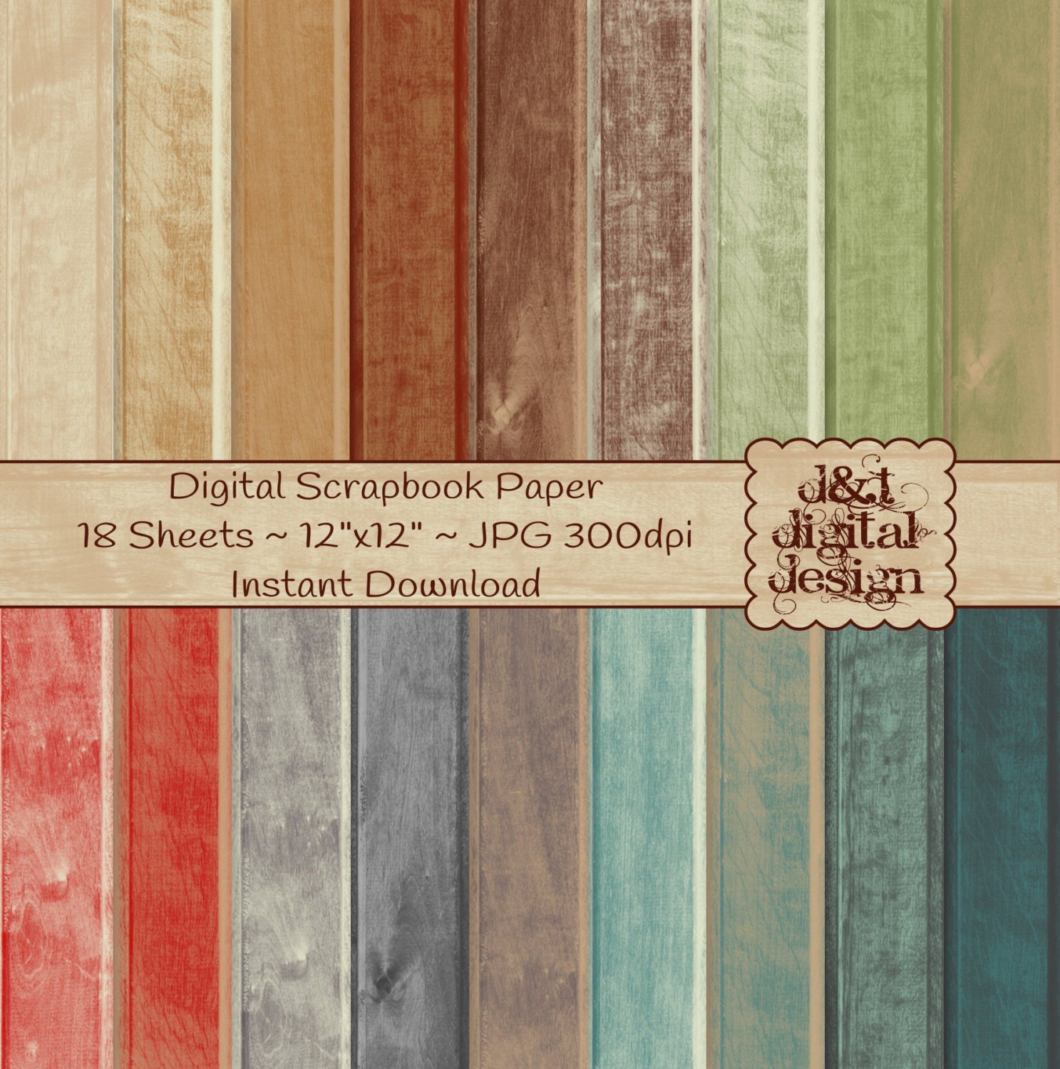 Wood Texture 18 Colors DIGITAL Scrapbook Paper Printable
