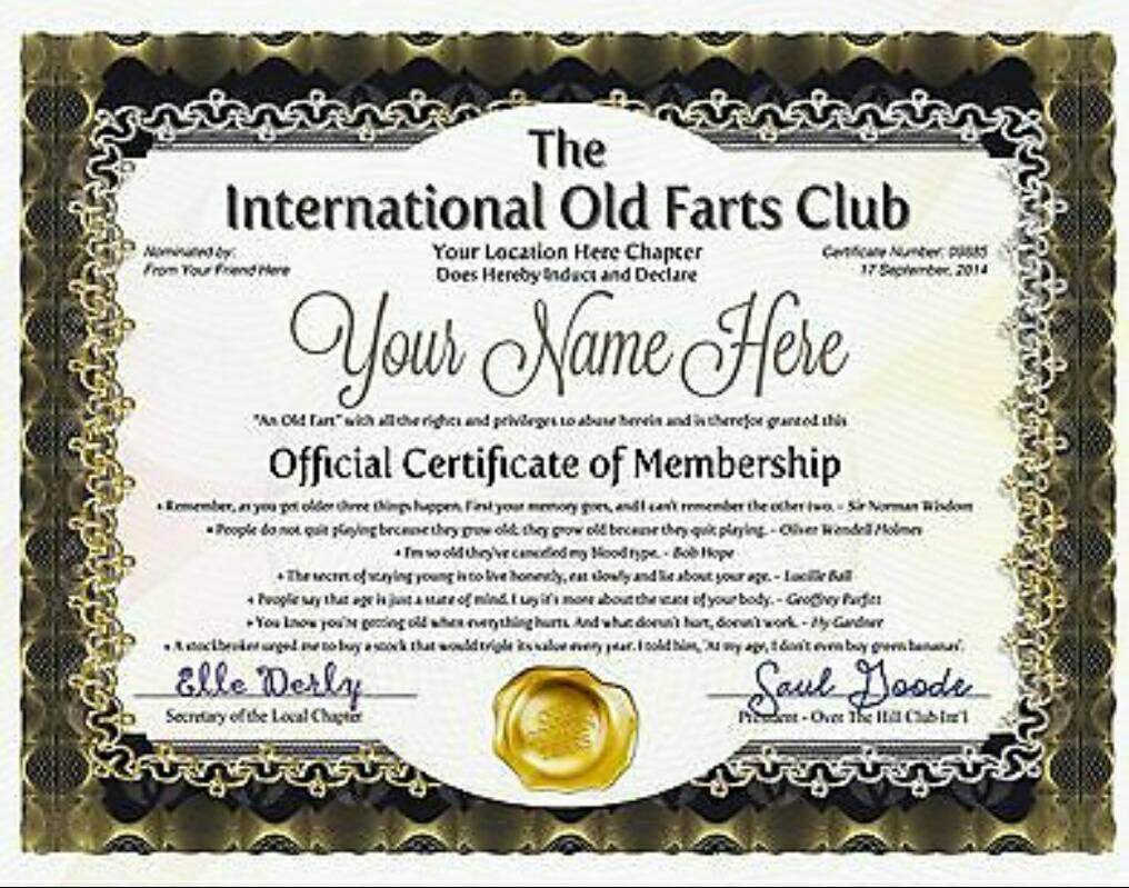 Official Old Farts Club Certificate Personalized Suitable