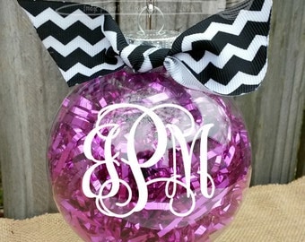 Monogrammed Christmas Ornament 3" - Tinsel Filling - Shatterproof Plastic - Perfect Gift