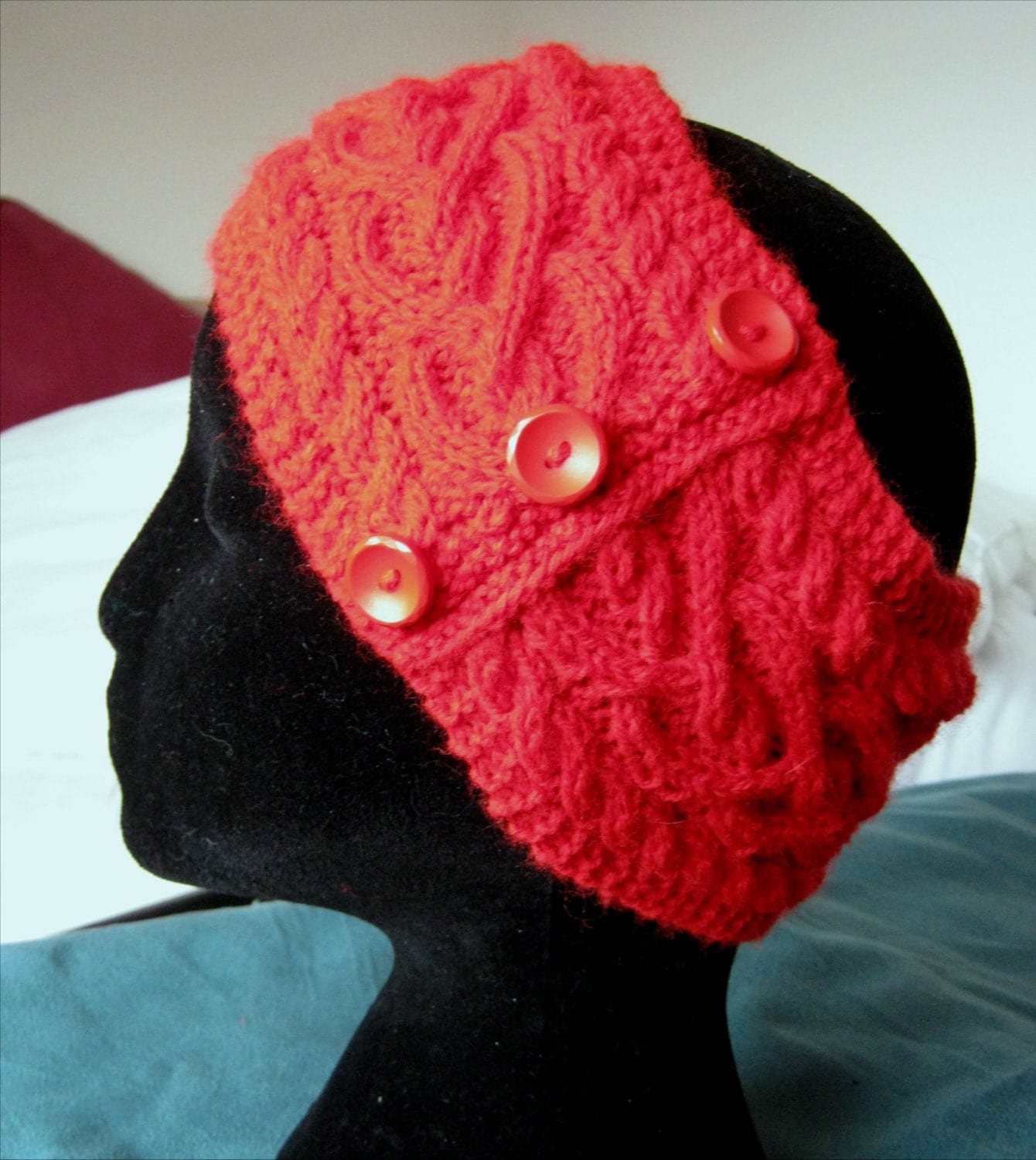 Hand knitted bright red Celtic heart pattern cable headband