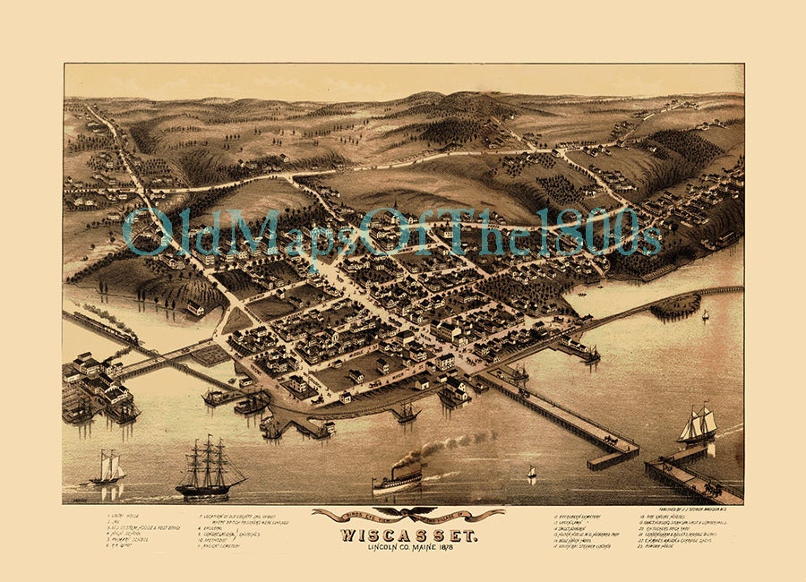 Wiscasset Maine in 1878 Bird's Eye View Map Aerial