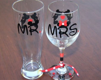 Mr. & Mrs. Disney Wine/Beer Set of Glasses, Disney Wedding Gifts, Disney Engagement Gifts
