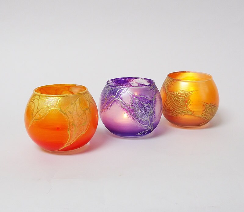 Set of 3 Candle Holders Hand painted Glass spheres Tea light