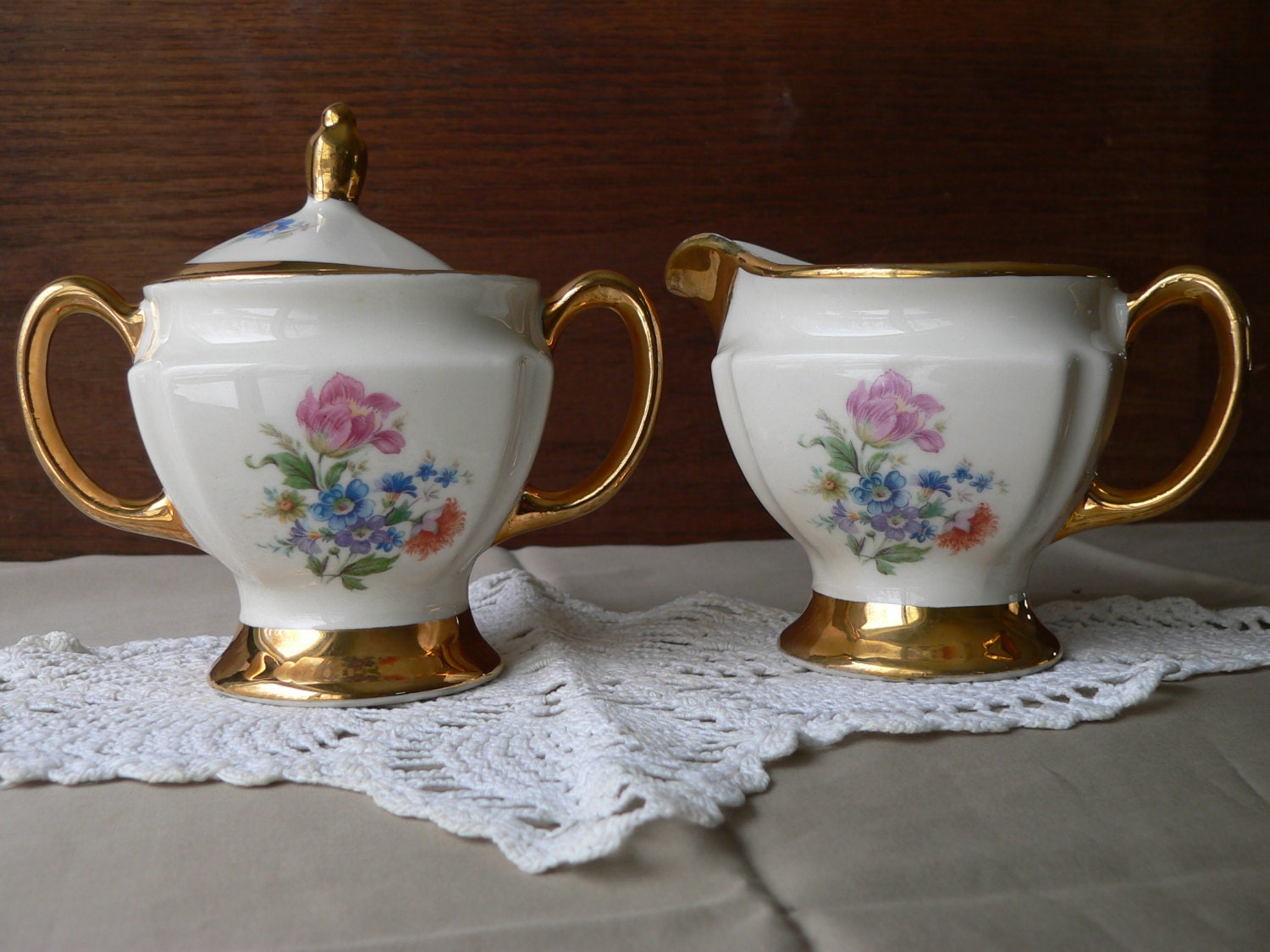CREAMER and SUGAR Set 22K Gold Trim, C G USA Pottery Haute Juice