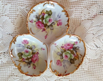 Three Section Dish, Divided Dish, Ceramic Dish, White And Pink Roses, Vanity Tray, Trinket Dish, Jewelry Holder, Stunning Hand Painted