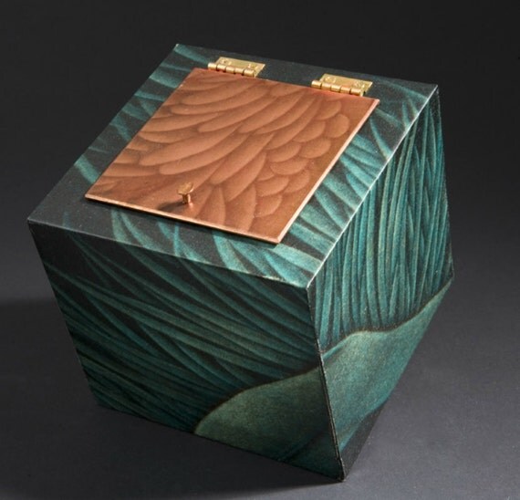 Small turquoise square decorative box mounted with hand pulled