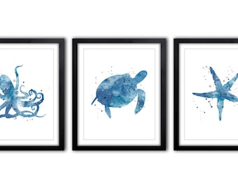 Nautical Decor, Watercolor Art, Ocean Art, Wall Art, Sea Life Art, Sea Turtle Art, Bathroom Art, Star Fish, Octopus, Set of Three - NS20